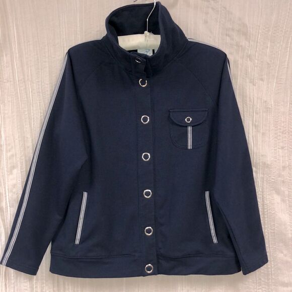 IActive PL Navy White Tripe Detail Snap Closure Mock Neck Athletic Jacket - Picture 3 of 14